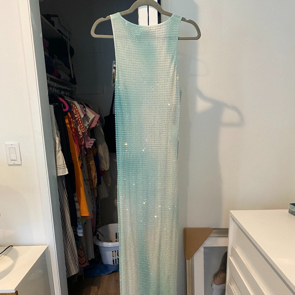 NWT SELF-PORTRAIT Crystal-embellished ombre stretch-mesh maxi dress